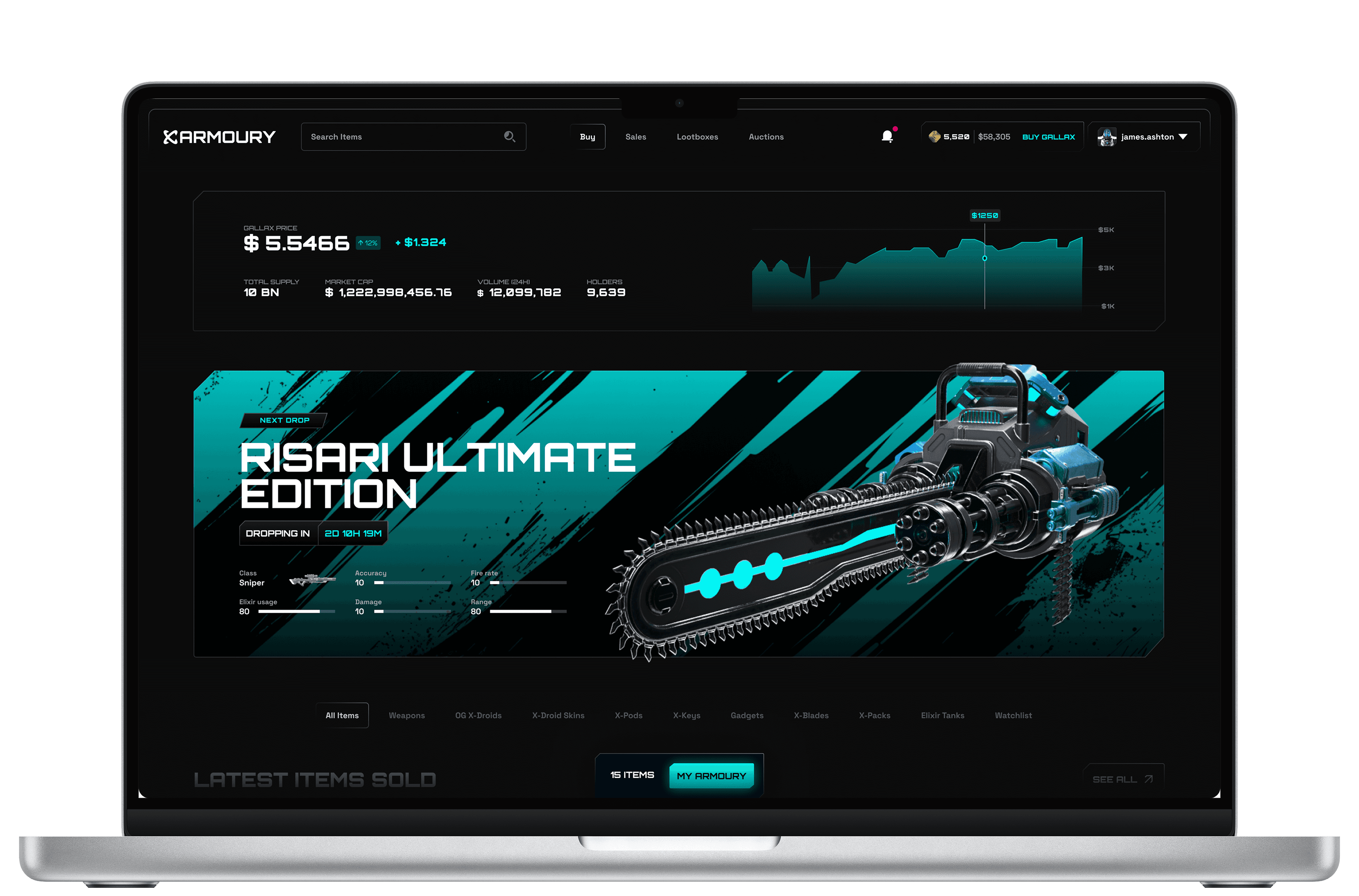 Official X-Armoury marketplace artwork showing a cyan weapon on a laptop