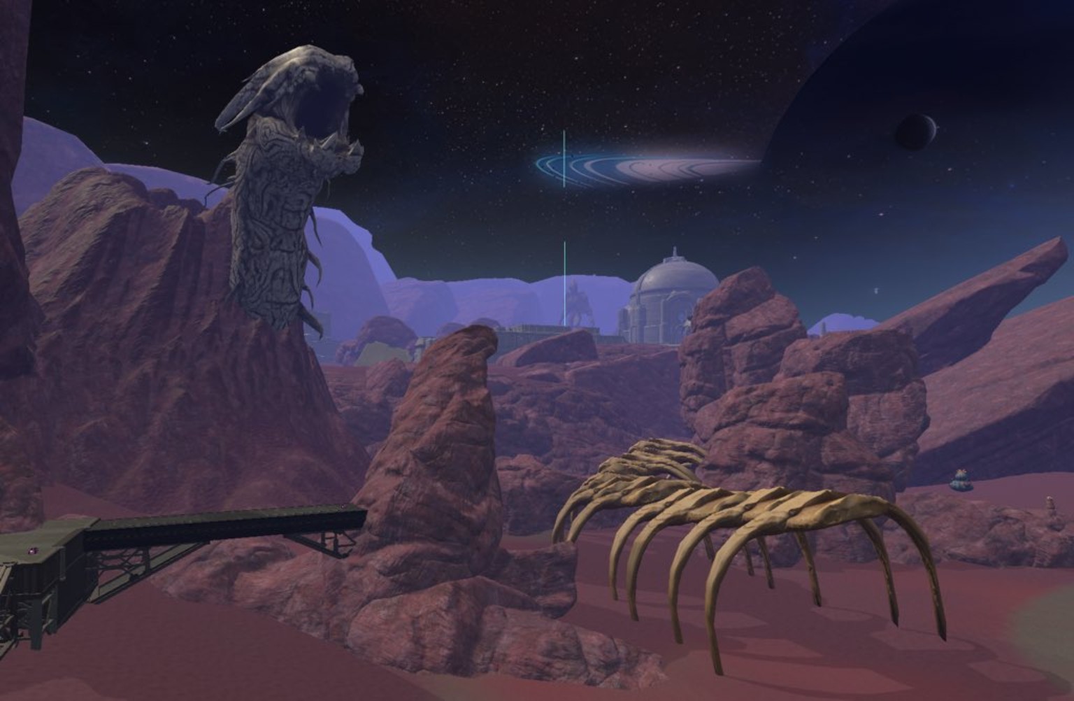 Planet-X canyon with giant fossil-like bones, red rock formations and a ringed planet overhead