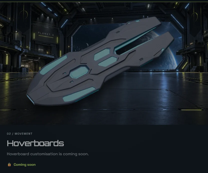 Gray futuristic hoverboard with teal inset panels inside a dark Planet-X hangar