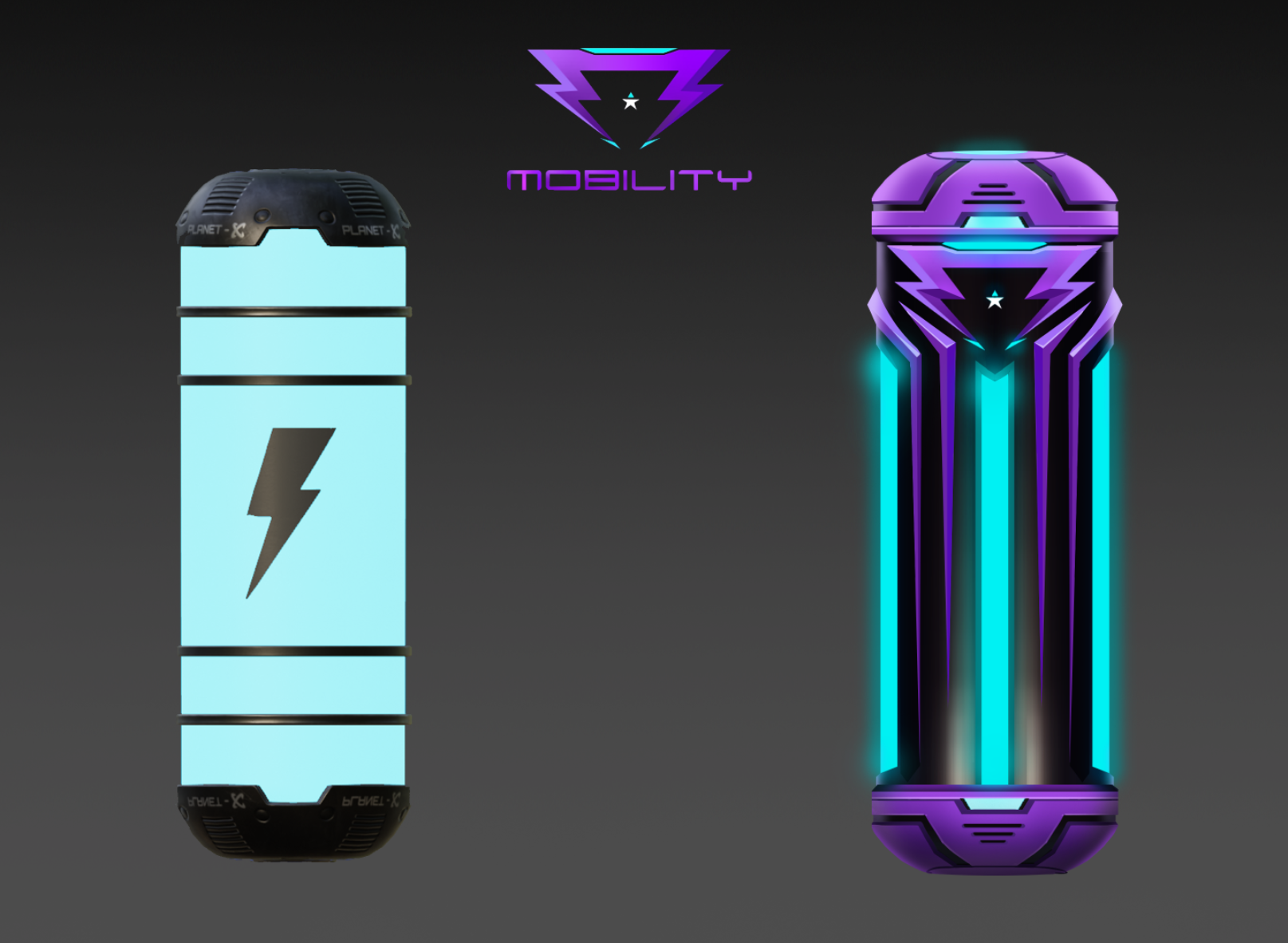 Mobility-branded elixir tank in purple, black and cyan beside the original Planet-X tank design