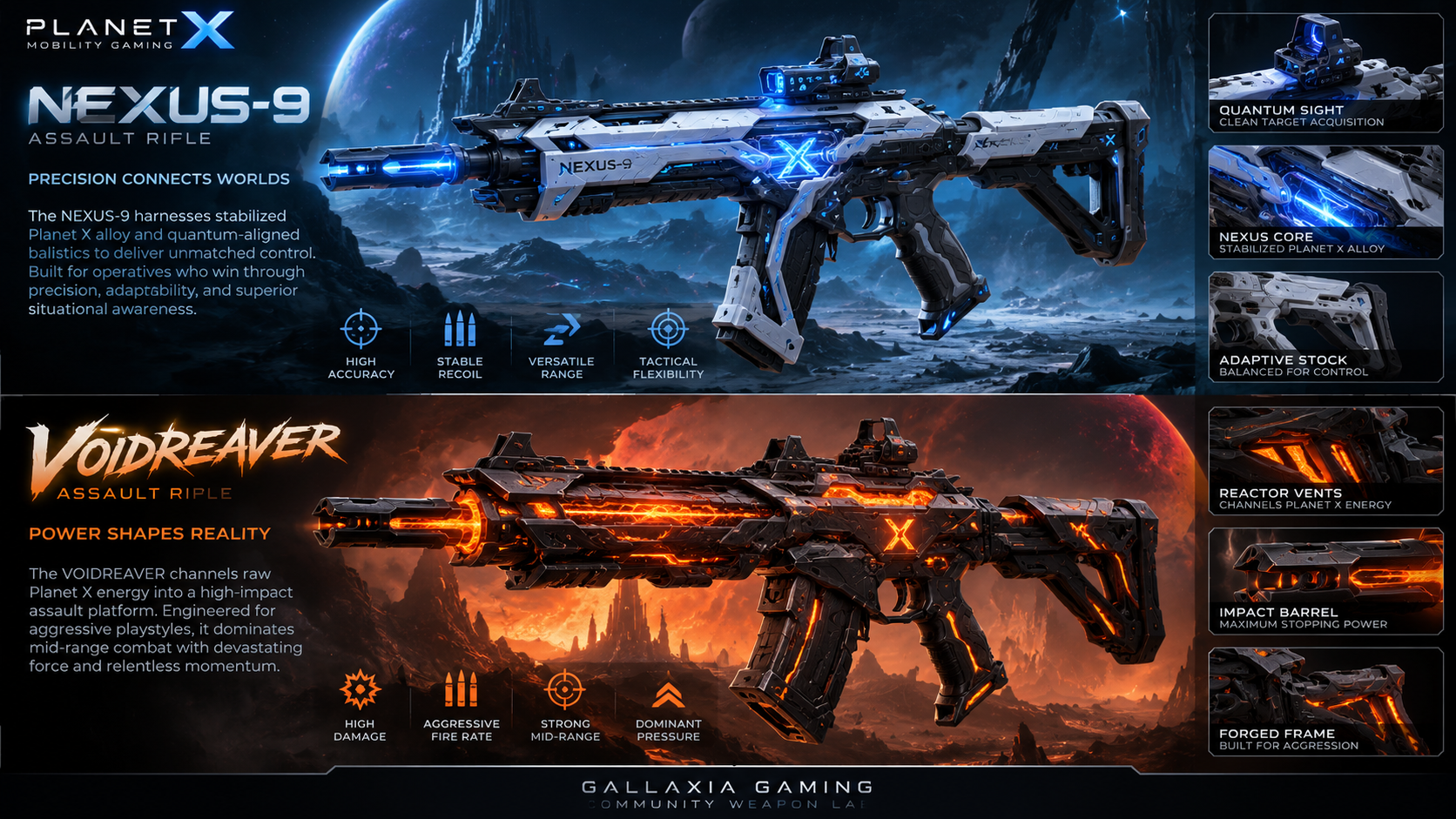 NEXUS-9 blue and white precision weapon concept from the founder-supplied original design sheet