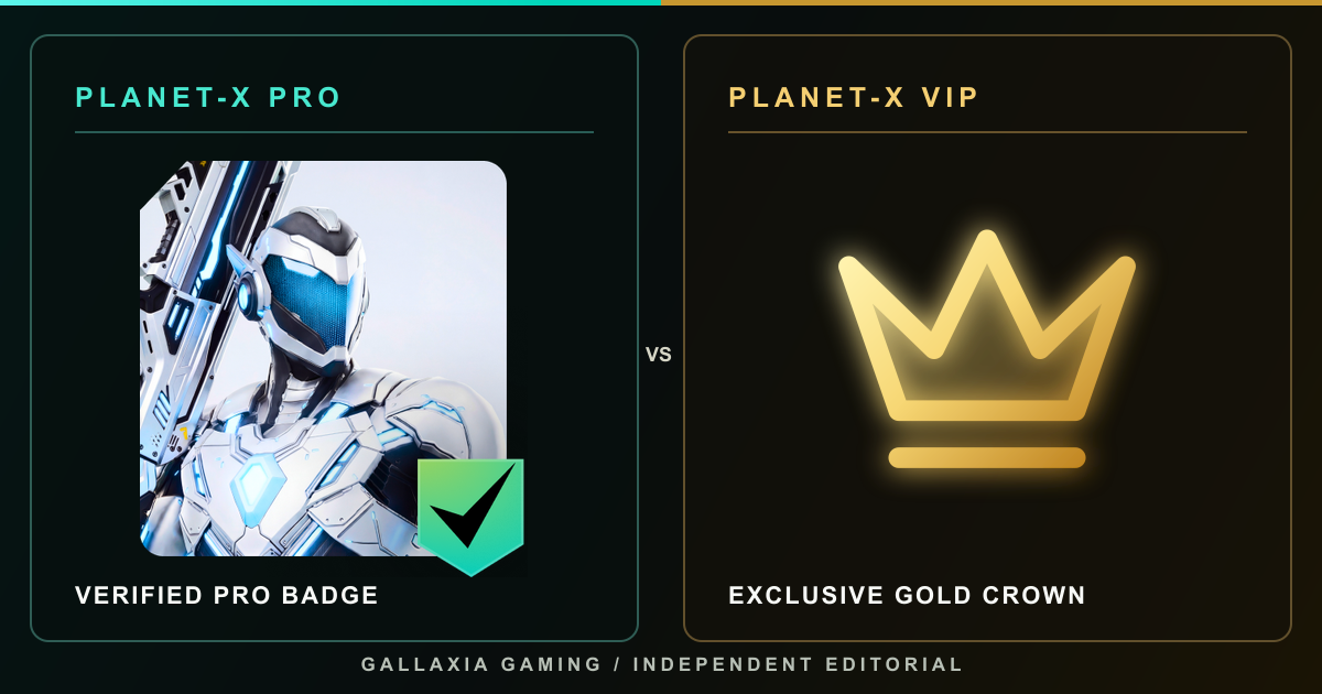 Official Planet-X PRO badge and VIP Crown shown side by side