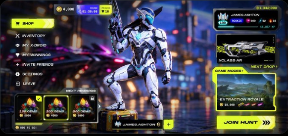 Planet-X mobile interface development preview with character and game-mode cards