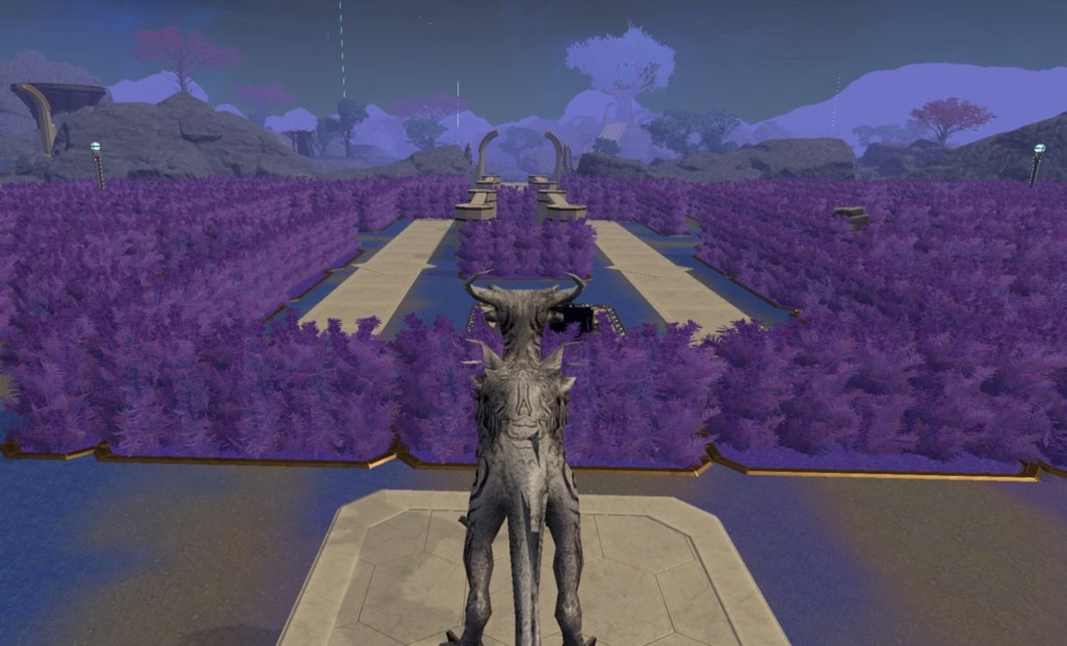 Royal Gardens Zone 2 with purple planting beds, pale paths and sculptural landmarks