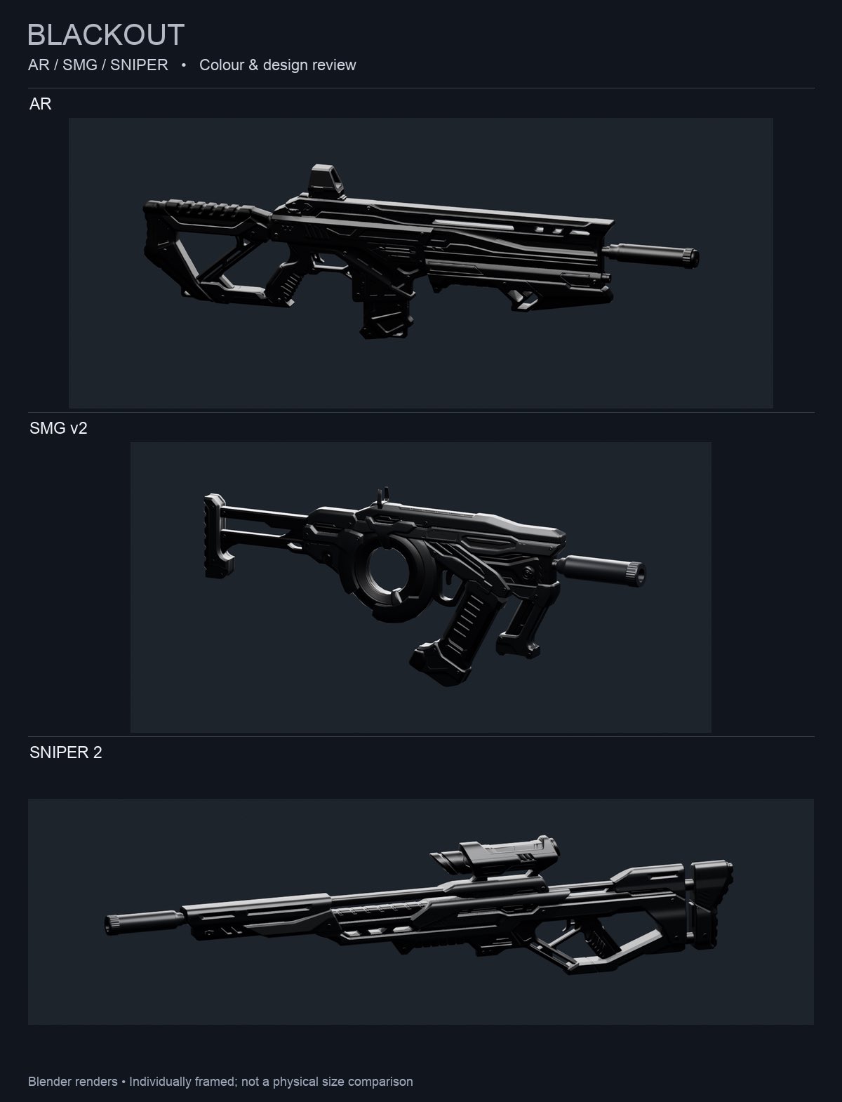 Blackout weapon design sheet with dark AR, SMG and sniper renders