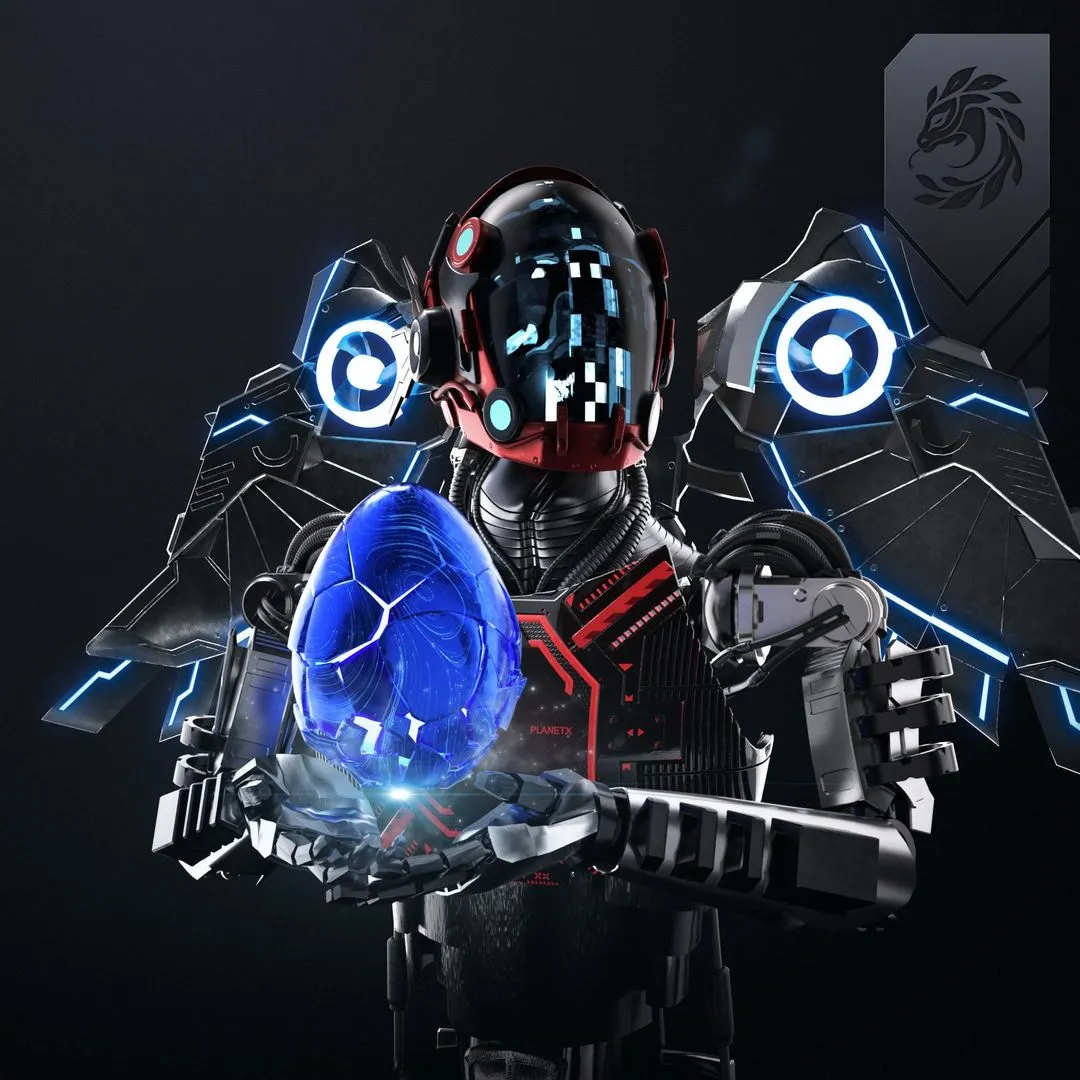 Red-accented X-Droid holding a glowing blue orb