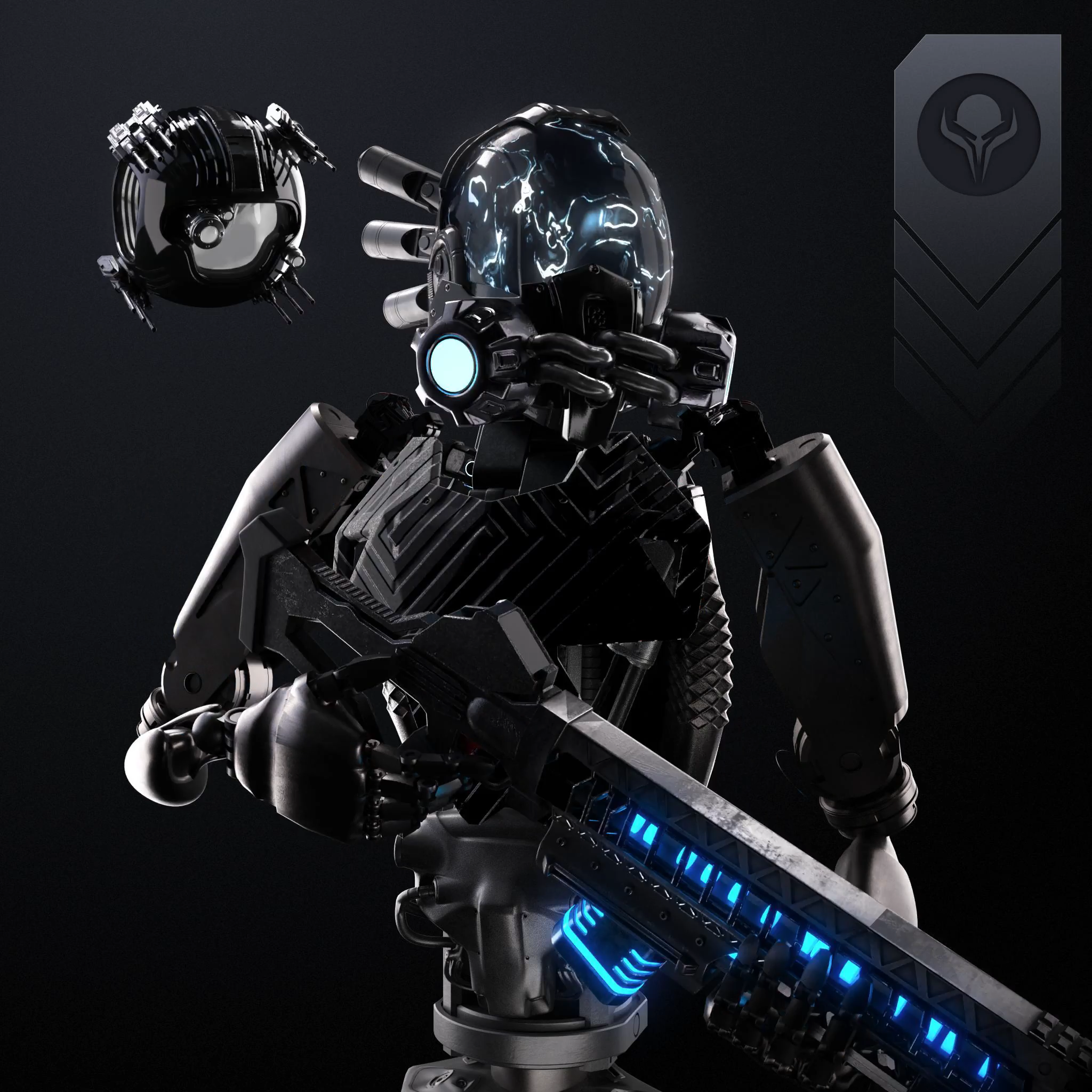 X-Droid portrait with a blue-lit weapon and floating mechanical companion